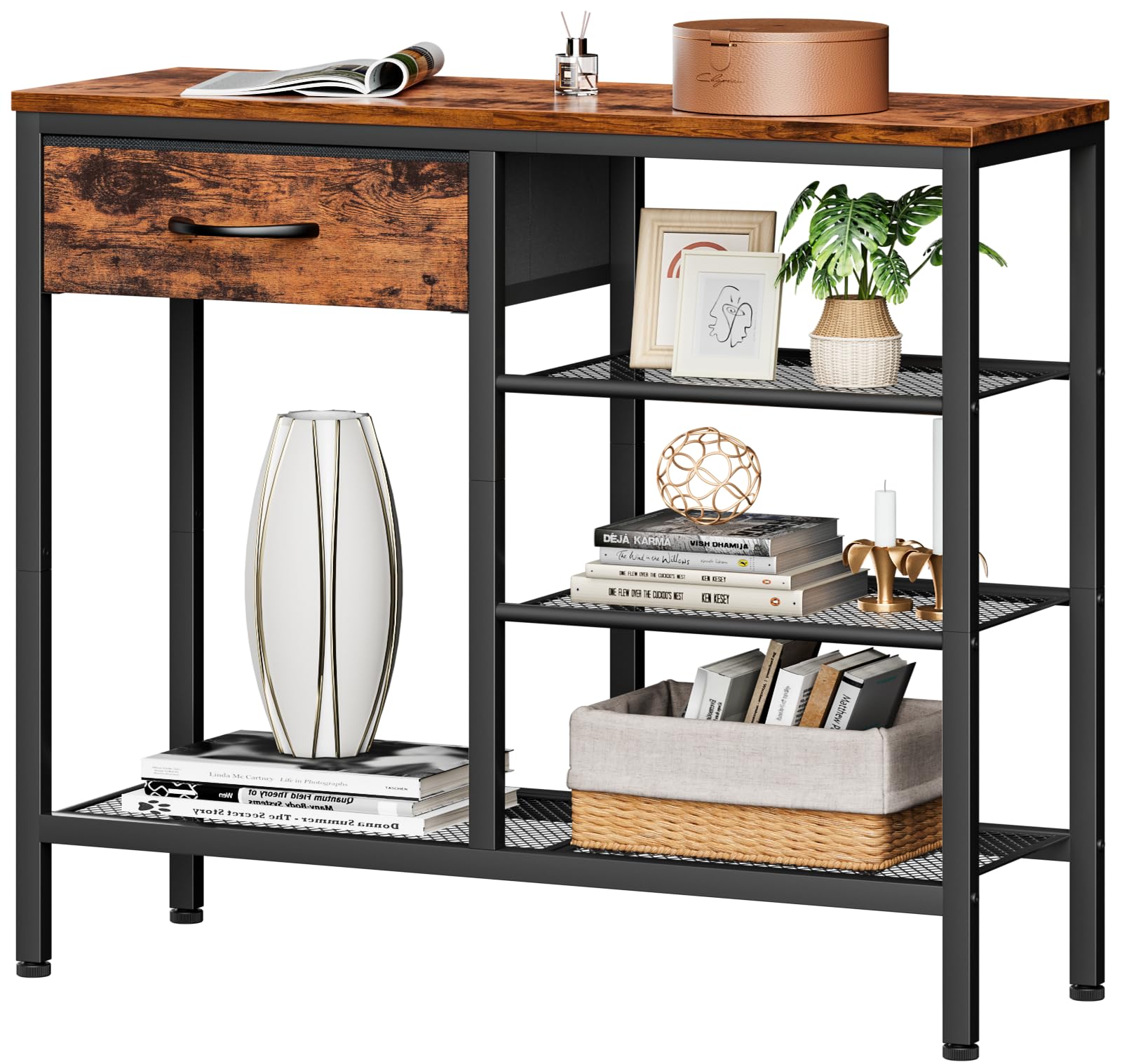 Photo 1 of Furnulem Entryway Table Industrial 31.5" Sofa Console Table with Metal Mesh Shelf,Storage Fabric Drawer 4-Tier Shoe Rack Side Furniture for Front Door,Foyer Wooden Top, Sturdy Steel Frame,Rustic Brown