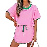 Skort Sets Women 2 Piece Outfits Casual Short Sleeve Crewneck Tops and Drawstring Mini Skirt Color Block Sets