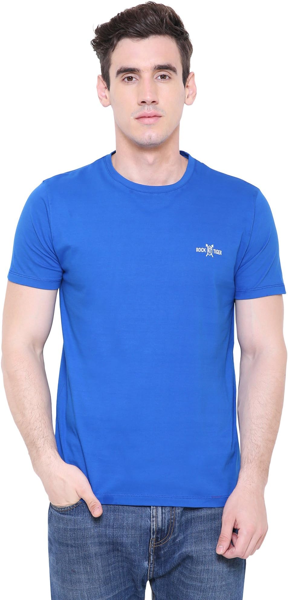 ROCK TIGER Men's Solid Cotton Round Neck T-Shirt (RT-Blue-P005_Blue)