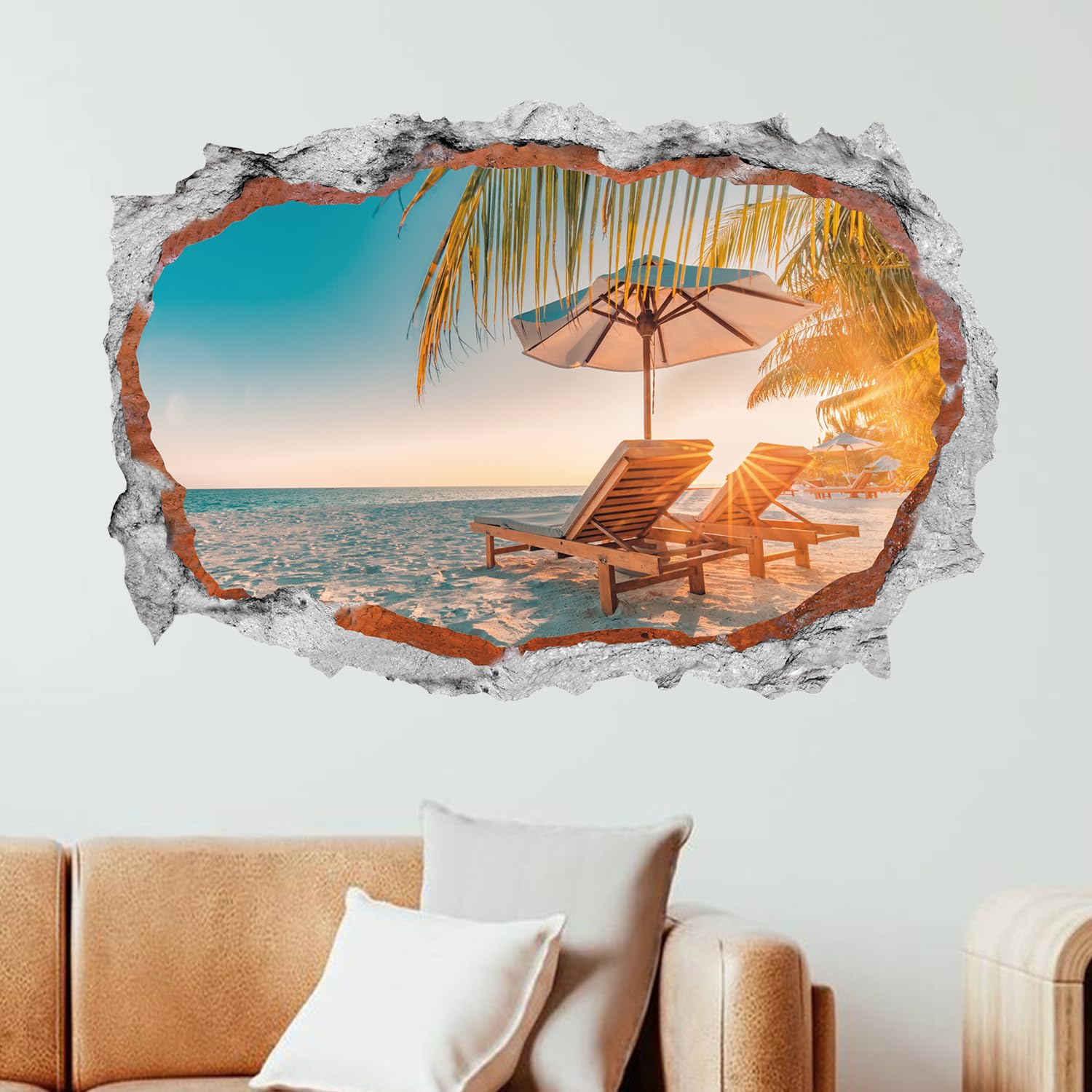 HPNIUB 3D Beach Sunsets Wall Art - Sea View for Living Room, Landscape Broken Stickers, Beach Coconut Tree Decal, Sea Scenery for Bedroom Bathroom Decor 83.7x56.6CM