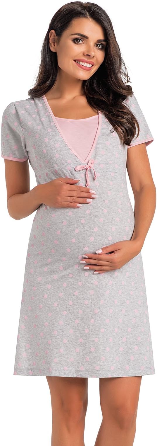 Di Vadini maternity nightie, nightdress, Paola made of 100 % cotton, short sleeve - Grey - Medium