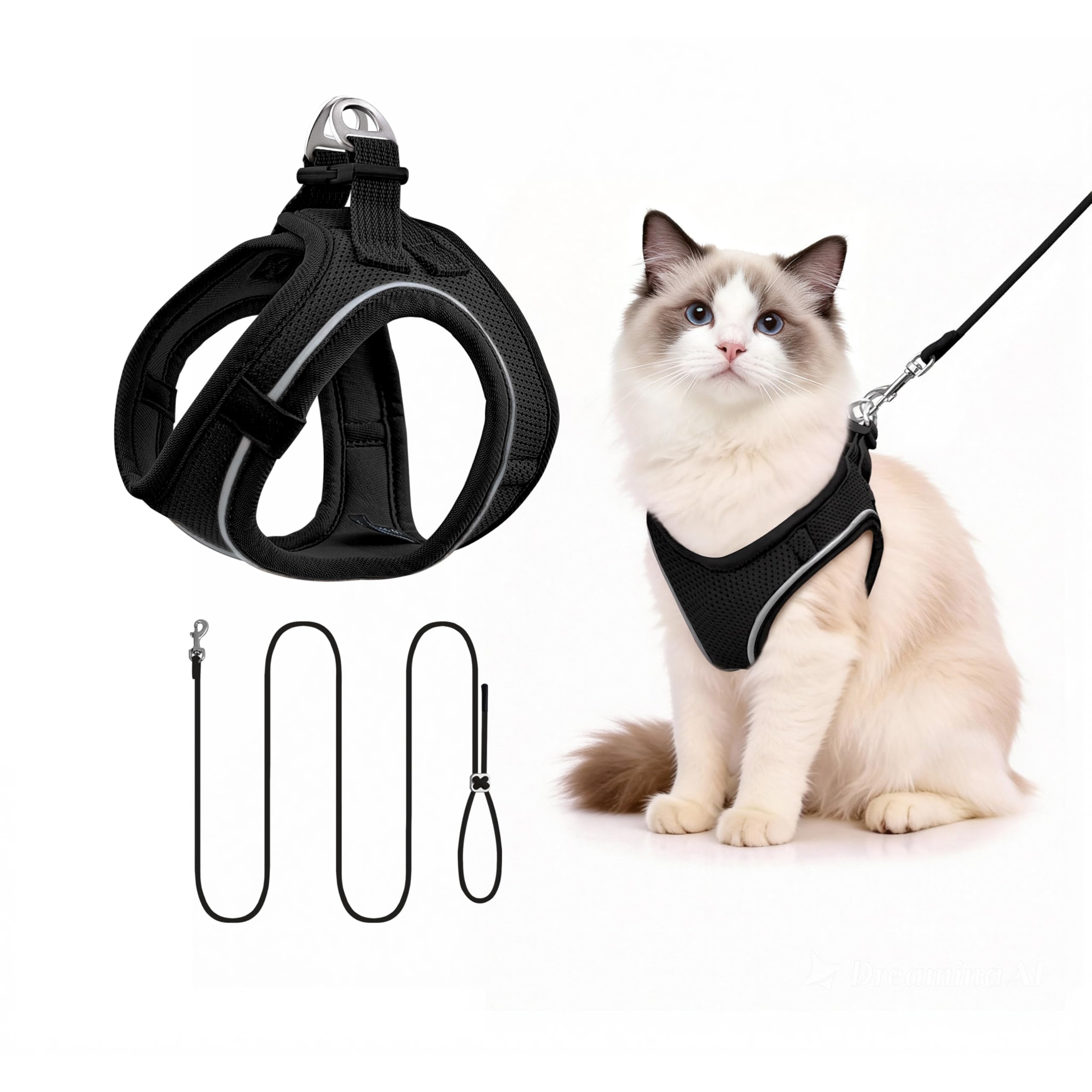 Qianruida Cat Harness with Leash, Soft Mesh and Wrap, Adjustable Reflective Harness - Ideal for Walking Kittens Without Escaping (Black S)