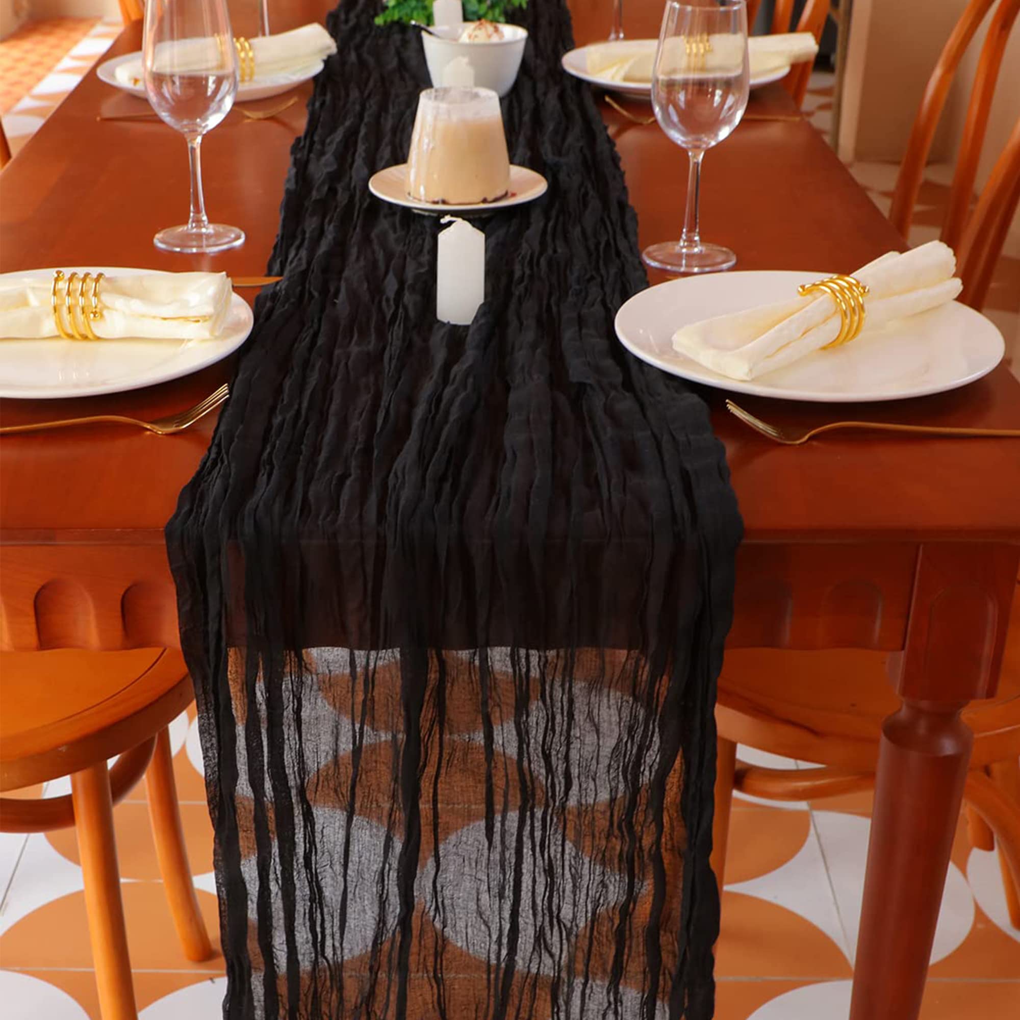Photo 1 of Snowkingdom 13Ft Black Cheesecloth Table Runner, 160inch Long Cheese Cloth Boho Gauze Runner for Wedding Bridal Baby Shower Birthday Holiday Party Sheer Halloween Table Decorations