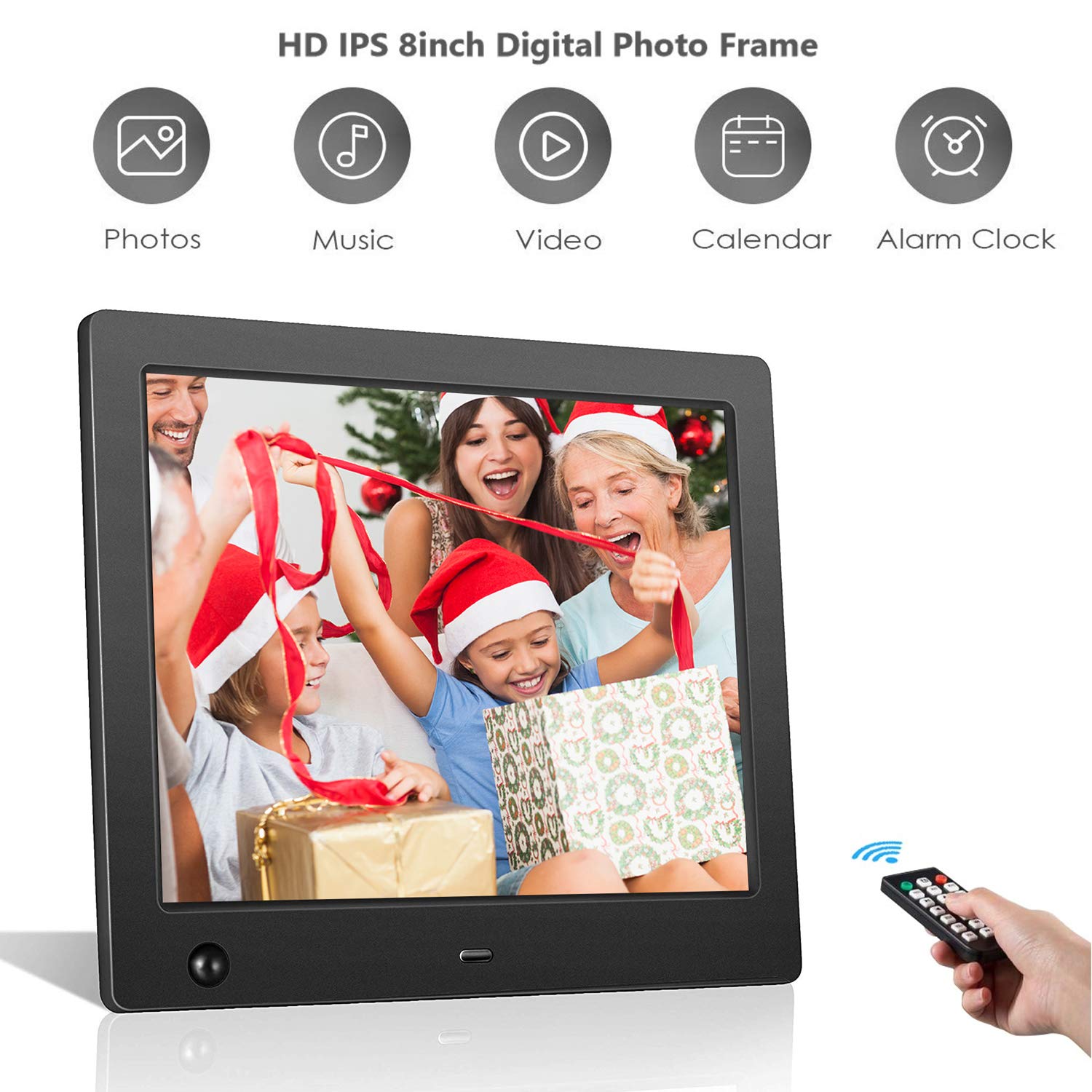 Digital Picture Frame 8 inch, Digital Photo Frame Video Player with Motion Sensor Smart Electronics Picture Frame High Resolution 1024x768 IPS LCD/1080P 720P /Stereo/MP3/Calendar/Time/Remote Control
