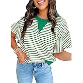 Women's Summer Striped Ruffle Short Sleeve Tops Contrast Colorblock 2025 Round Neck Loose Fit Cute Casual Top Blouse