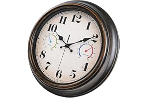 BALLMENT 12 Inch Outdoor Wall Clock with Thermometer & Hygrometer, Waterproof Large Weather Station for Patio, Battery Operated Silent Non-Ticking, Pool Area, Garden Decor, Garage, Vintage Retro Design