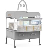Baby Changing Table Portable Diaper Changing Station with Drawers Foldable | Infant and Newborn Dresser with Table Top Lockable Wheels Adjustable Height
