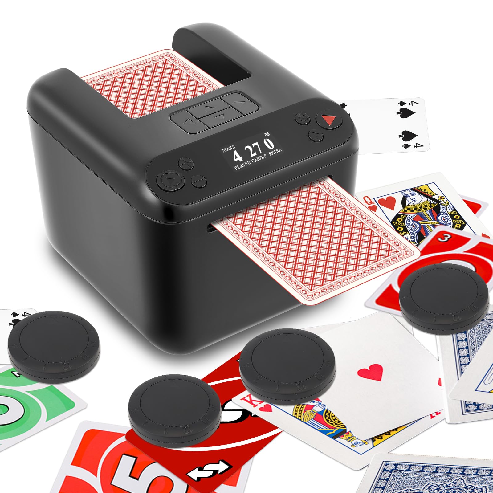 Delousiber 2-in-1 Automatic Card Shuffler & Dealer, Supports 12 Players, 4 Remote Card Drawers, 360°/180° Dispensing Angle, 3 Dispensing Distance Settings, Compatibility Poker/Phase 10 (Black)