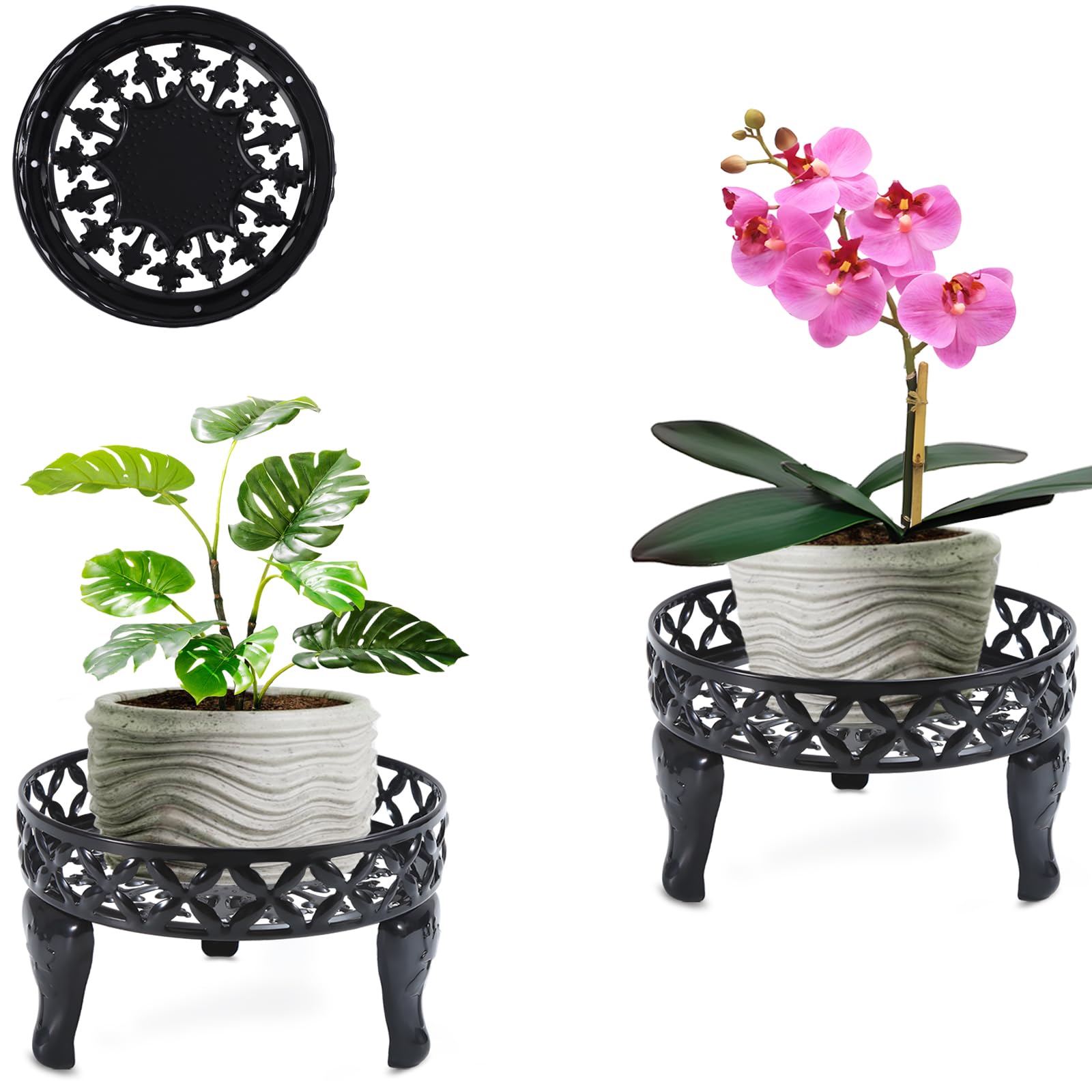 Santentre 2 Pack Black Metal Plant Stand for Indoor and Outdoor Use, Anti-Rust Round Flower Shelf, Display Shelves for Garden and Patio