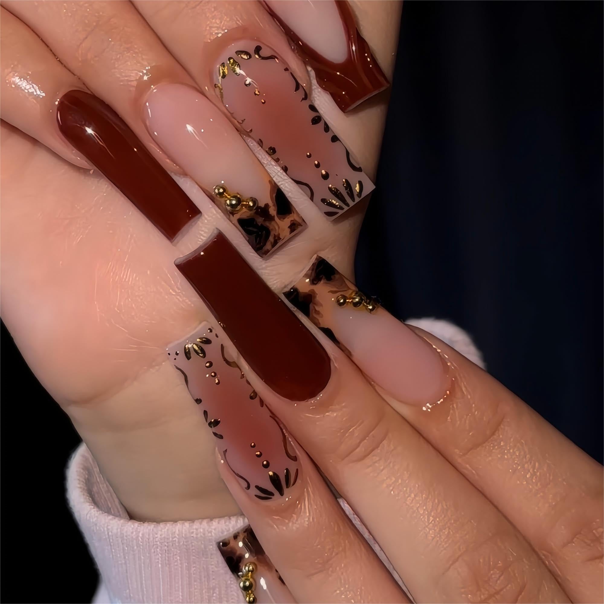 Photo 1 of ** MISSING PIECES** Long Press on Nails French Tip Fake Nails Square Press on False Nails with Gold Designs Stick on Nails Red Glossy Full Cover Glue on Nail Cute Summer Artificial Nail for Women 24Pcs