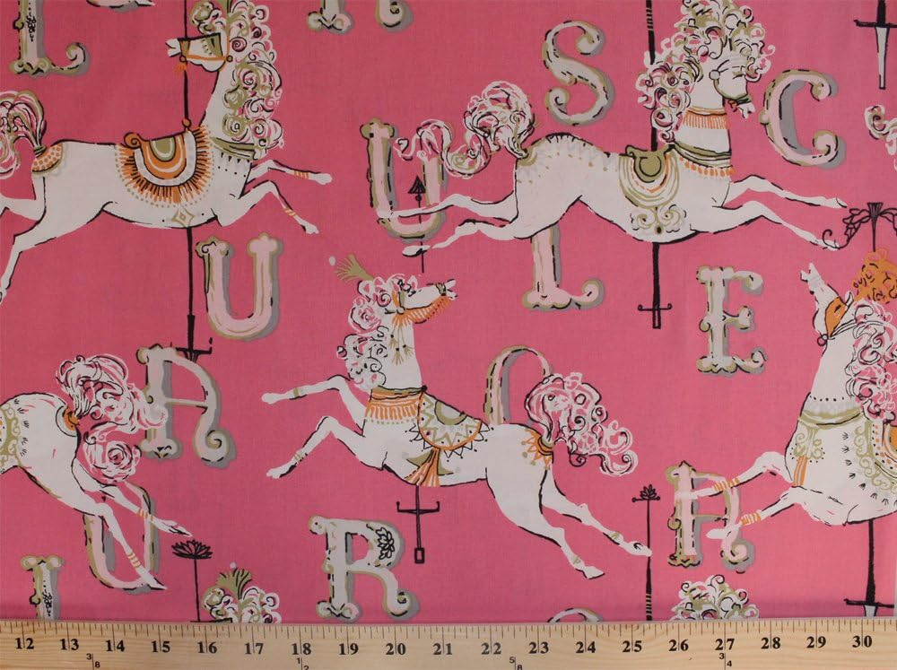 Cotton Carousel Pony Ponies Horses Animals Filly Fillies Letters Merry-Go-Round Roundabout Carnivals Fairs Amusement Parks Pink Girls Kids Cotton Fabric Print by the Yard (154-pink)