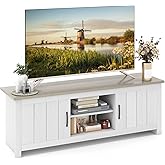 Tangkula 2 Doors TV Stand for TVs up to 65”, 57” Media Console Table w/ 2 Cabinets & Open Shelves, 2 Cable Management Holes. Wood Entertainment Center Cabinet for Living Room (White Oak)