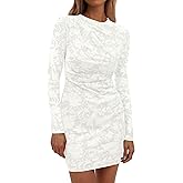 PRETTYGARDEN Women's Fall Bodycon Dresses 2026 Sexy Long Sleeve Ruched Lace Floral Mini Party Dress Tight Club Outfits