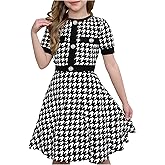 SOLY HUX Girl's Plaid Dress Short Sleeve Crew Neck Houndstooth Button A Line Short Dresses