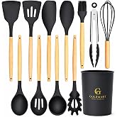Silicone Cooking Utensils Set, 12 PCS -BPA-Free Kitchen Tools, Black, | Heat Resistant 446&deg;F, Non-Stick, Wooden Handle