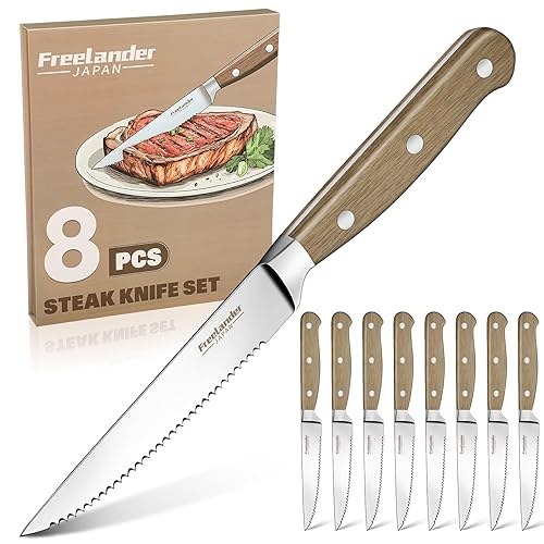 Freelander Handmade Forged Steak Knives Set of 6 (Serrated Steak Knives Set of 8)
