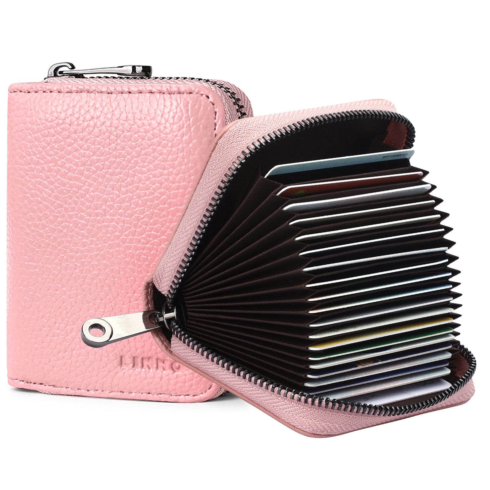 Goopai RFID 20 Card Slots Credit Card Holder Genuine Leather Accordion Card Case Small Wallet for Women or Men with Zipper (Pink)
