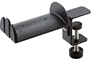 K&M Stands 16090 Headphone Holder - Clamp On for Flat Surface -Holds 2 Pairs of Headphones - Black