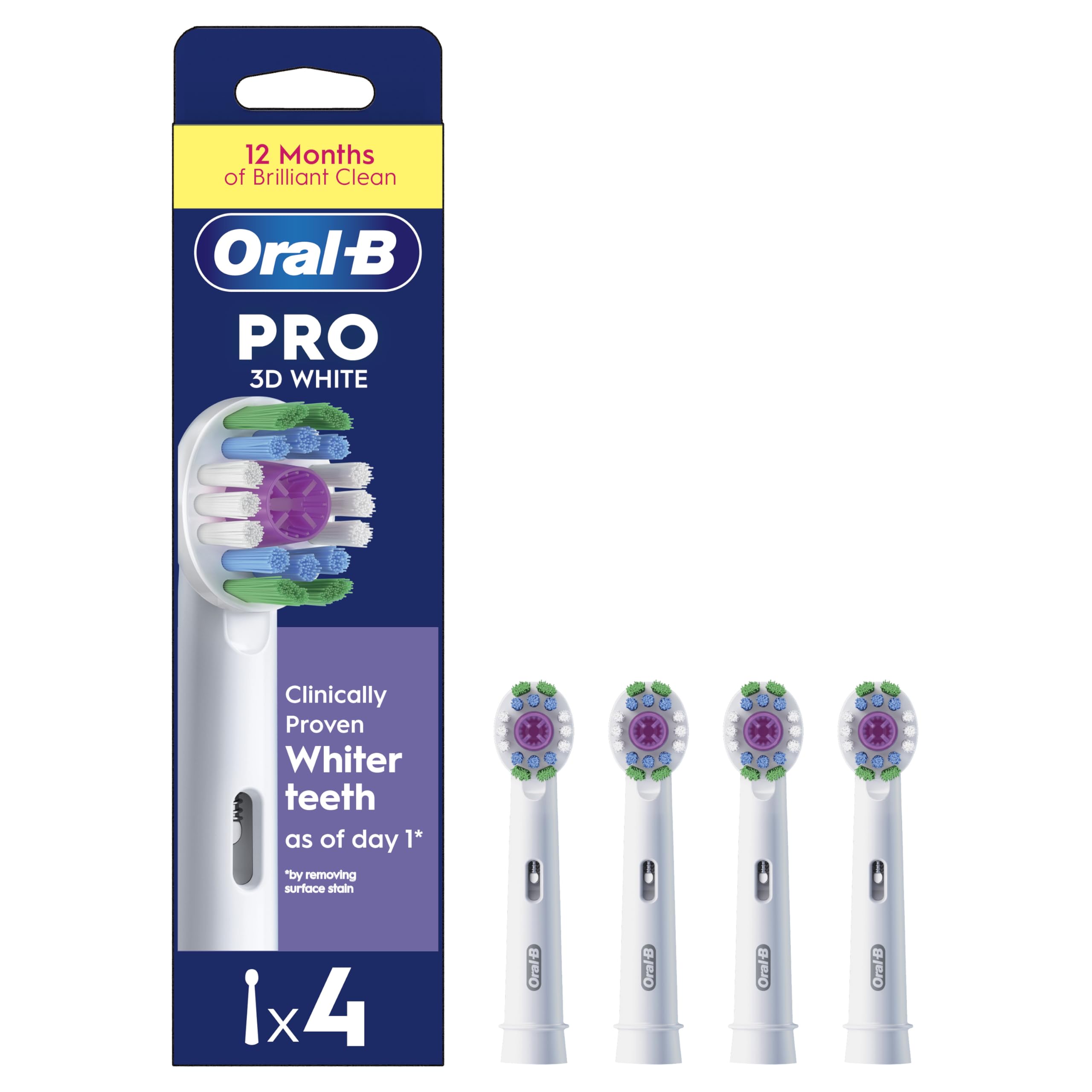 Oral-B Pro 3D White Electric Toothbrush Head, X-Shaped Bristles and Unique Polishing Cup for Teeth Whitening and to Remove Surface Stains, Pack of 4 Toothbrush Heads, White