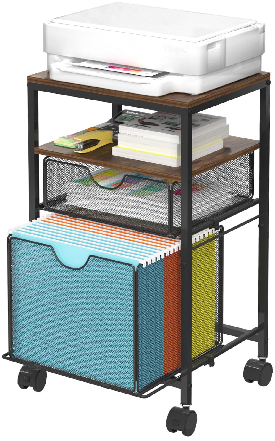 Photo 1 of BOHDK Rolling File Cart with 2 Storage Drawers, Wood & Mesh Hanging File Folder Organizer with Wheels Under Desk, File Cabinets for Home Office, 14.7" L x 11.8" D x 25.3" H