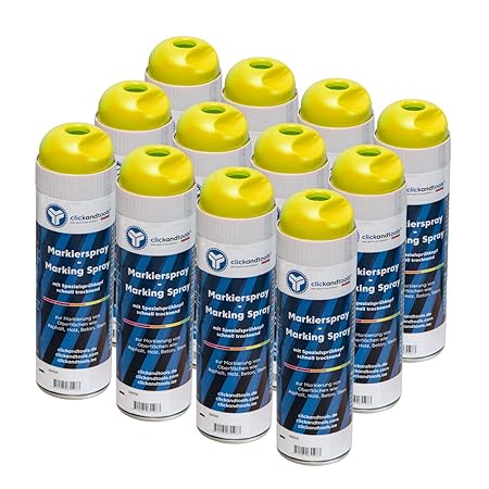 Markierspray leucht gelb clickandtools® 12'er Pack mit Spezialsprühkopf, schnell trocknend