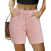 luvamia Jean Shorts for Women Trendy Pull On Mid Rise Elastic Waist Summer Casual Stretchy Long Denim Walking Shorts