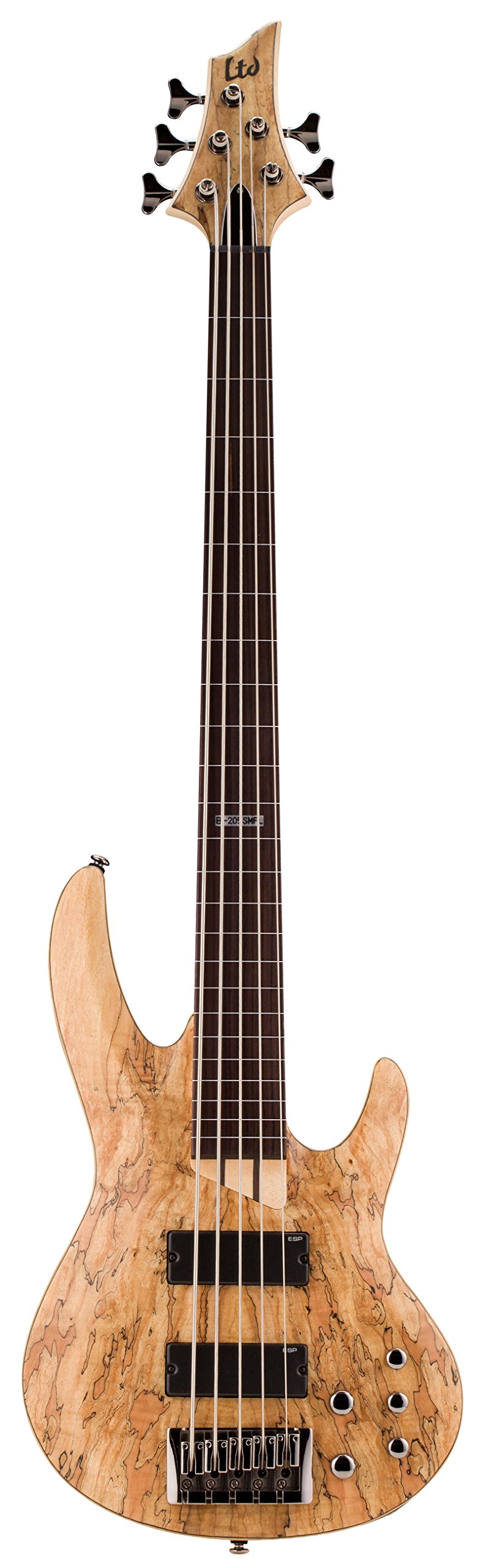 ESP LTD B-205SM FL Fretless Spalted Maple 5-String Bass Guitar, Natural Satin
