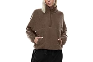 LASLULU Womens Half Zip Pullover Cropped Sweatshirts Sherpa Fleece Jacket Fuzzy Sweaters Cute Winter Jackets with Pockets
