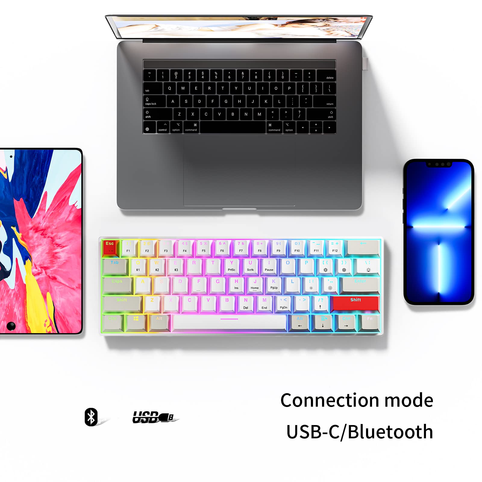Newmen GM610 60% Mechanical Keyboard,Type-C/Bluetooth Keyboard with RGB Backlit, Hot-Swappable 61 Keys Compact Mechanical Keyboard for Mac/PC Gamer, Travel, Easy to Carry on Business Trip（red）