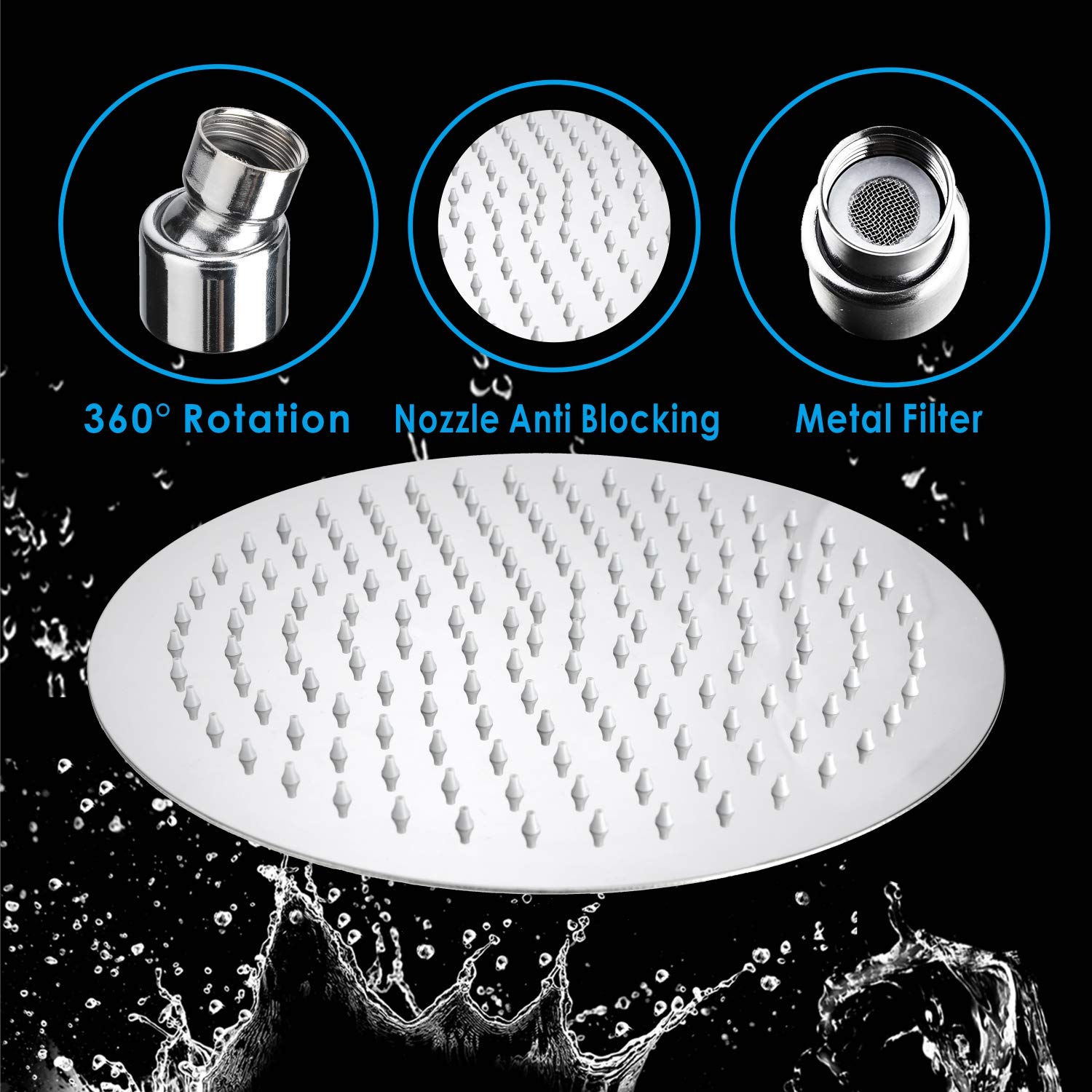 Voolan 12'' Round Rain Shower Head, High Flow Large Bath Shower Made of