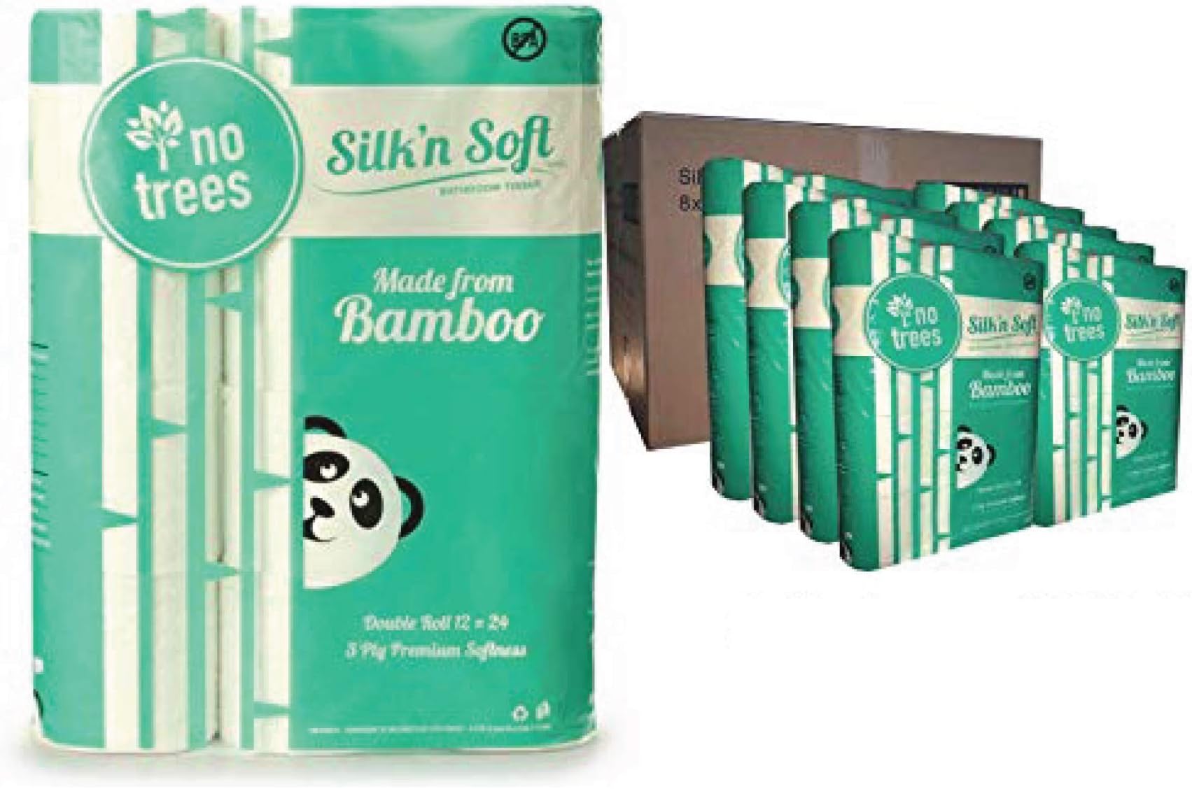 "Silk'n Soft" Bamboo Toilet Paper - Tree-Free Environment Safe Biodegradable Septic-Safe Fragrance Free Strong Dependable Panda Friendly Absorbent Bathroom Tissue 3-Ply (8 Pack of 12 Rolls)…