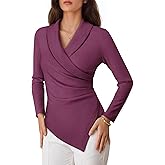 COCCKO Womens Long Sleeve Tops Dressy Casual Work Blouses Asymmetrical Slim Fit V Neck Wrap Shirts 2025