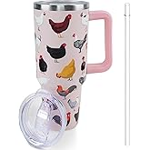 Lumumanber 40 oz Chicken Tumbler with Handle and Straw, Travel Mug Water Bottle, Rooster Stainless Steel Insulated Cup with Lid and Straw, Birthday Tanksgiving Day Christmas Gifts