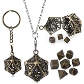 Syhood 7 Pcs Mini Metal Dice Set Gift for Halloween, Antique Gold | 6mm Portable Micro Dice, D20 Hollow Cage Pendant Necklace Keying, Role Playing Table Game, Birthday Christmas Gift