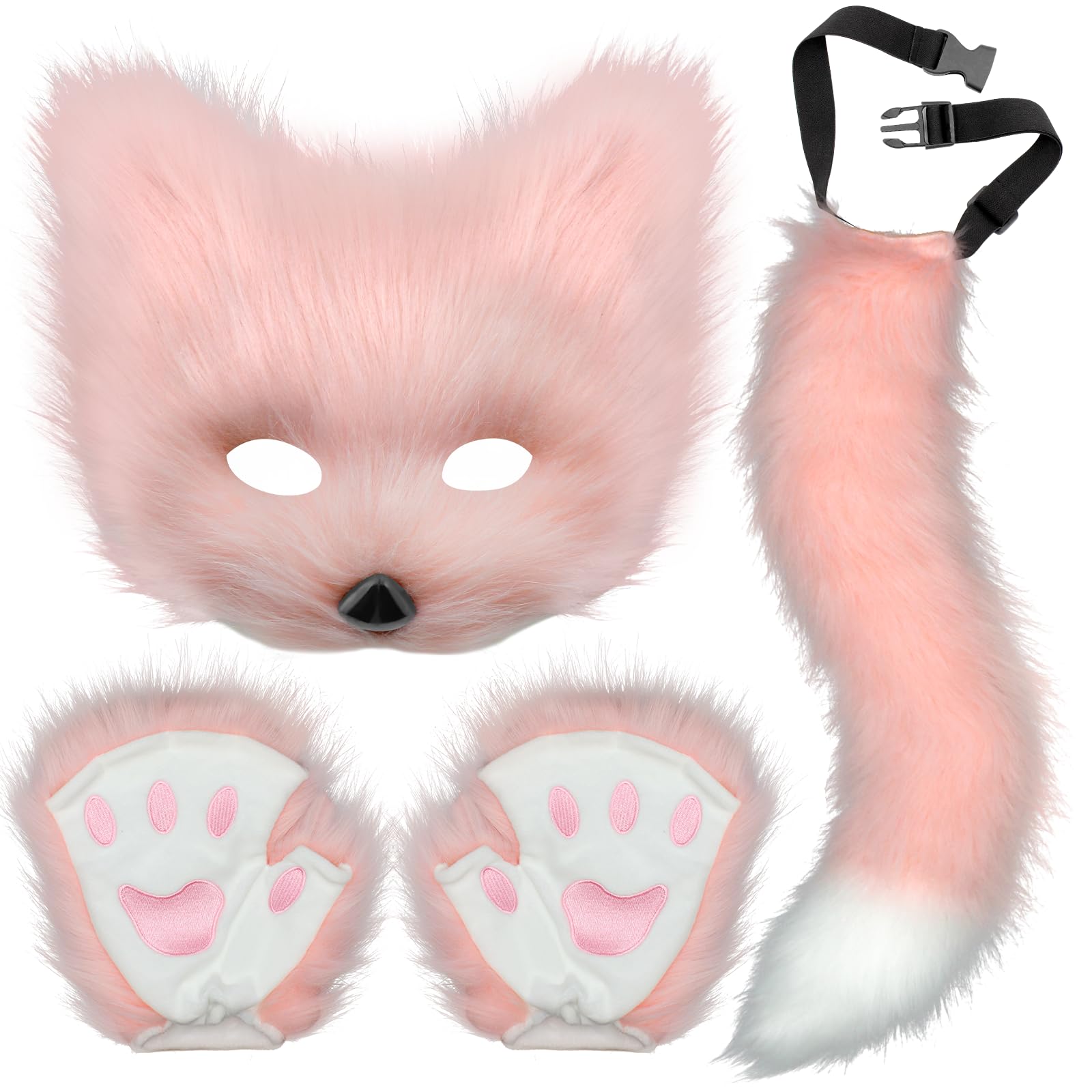 Moyubath Therian Mask and Tail Set, Handmade Wolf Paw Gloves Faux Fur Fox Tail Cat Cosplay Halloween Masquerade Costume (Pink, 19.7" Tail) — image 1