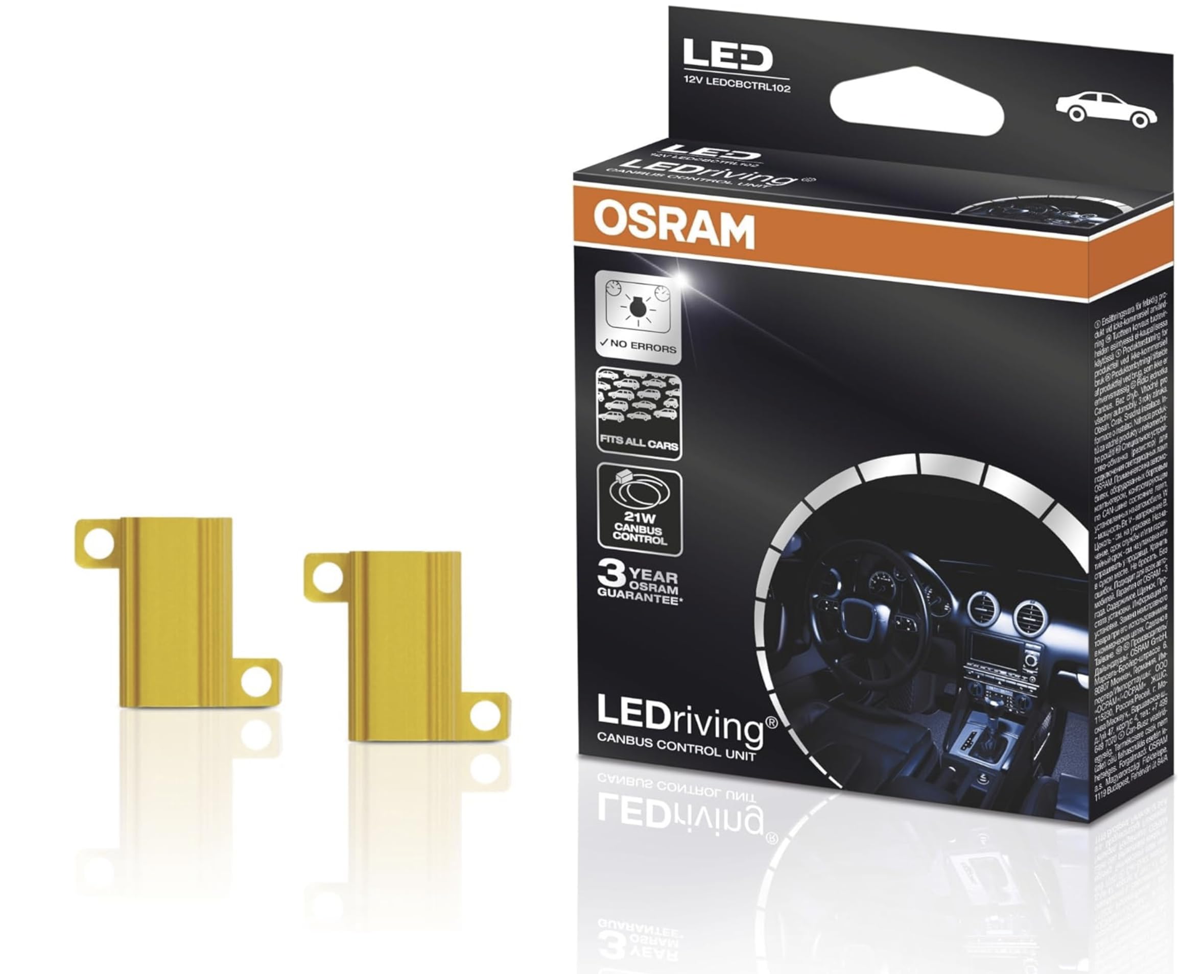 OSRAM LEDriving Canbus Control Unit, LEDCBCTRL102, 21 W, Avoid Error Messages in the Board Computer when Using LED Fog Lights, Folding Carton Box (2 Pieces), Gold