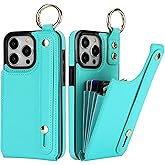 Folosu for iPhone 15 Pro Max Wallet Case with Card Holder, Hand Wrist Strap Loop Holder Kickstand, RFID Blocking Finger Grip Ring PU Leather Double Buttons Shockproof Cover 6.7" Green