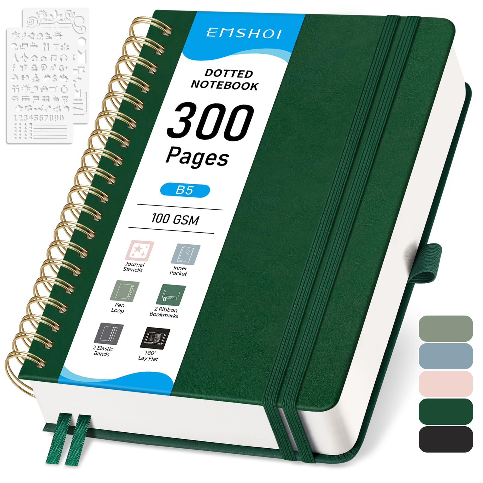 EMSHOI B5 Dotted Notebook, Spiral Notepad 150 Sheets/300 Pages, 100gsm, HardCover, Stencils, Pocket, Pen Loop, Ruler, Bookmark, Bullet Dot Grid Journal for Women Men Writing, 19 x 25.8cm, Green