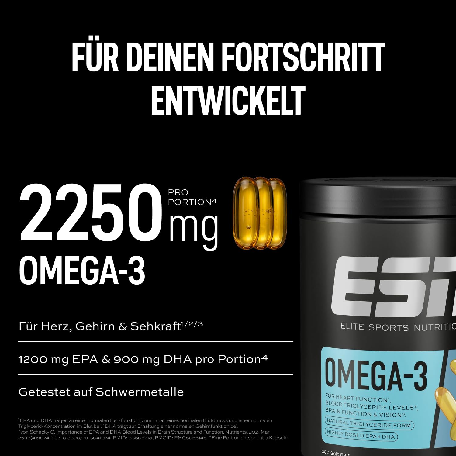 ESN Omega-3 - hochdosiert mit 1200 mg EPA und 900 mg DHA pro Tagesportion - ohne fischigen Nachgeschmack - getestet auf Schwermetalle - 300 Kapseln, 100 Portionen 3
