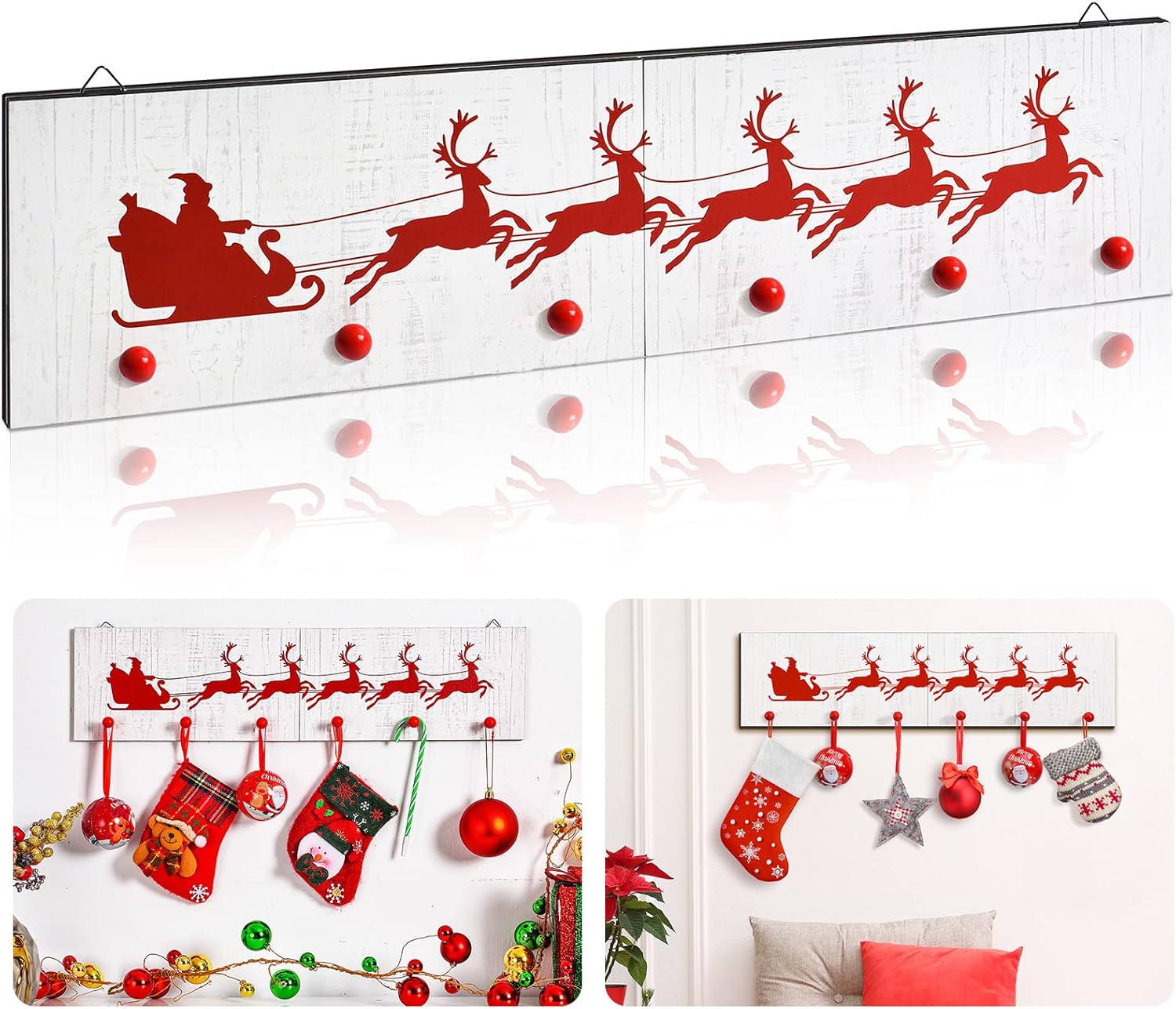 Ornament Hooks - Blulu Christmas Stocking Wall Holder with 6 Coat Hooks Wall Mounted Backpack Hook Wooden Wall Plaque with Hooks Santa Elk Stocking Holder Sign for Entryway Bathroom Bedroom Kitchen Front Door