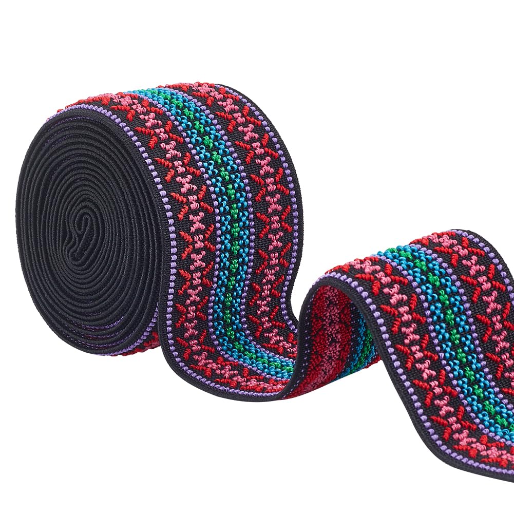 BENECREAT 2.5 Yards Jacquard Elastic Band, 50mm Elastic Emobridered Woven Ribbon Boho Fabric Sewing Band for DIY Craft Accessories Embellishment Decorations, Red