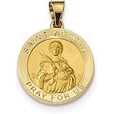 14k Yellow Gold Saint Agatha Pendant with Image and Pray for Us Inscription, Round Catholic Medal Necklace for Women, Religious Jewelry and Devotional Faith Protection Charm 19mm