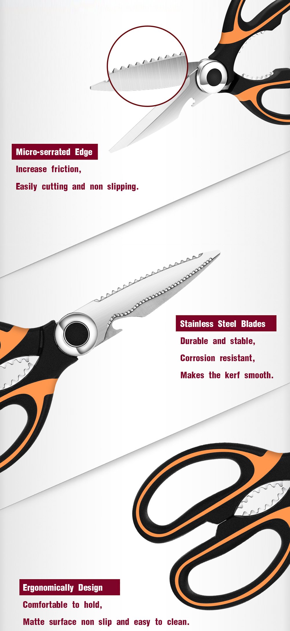 Kitchen Shears, Naxxlab Stainless Steel Multi-Purpose Heavy Duty Kitchen Scissors, Cooking Scissors with Bottle Opener Sacle Scraper Function 8 Inch (Orange & Black)
