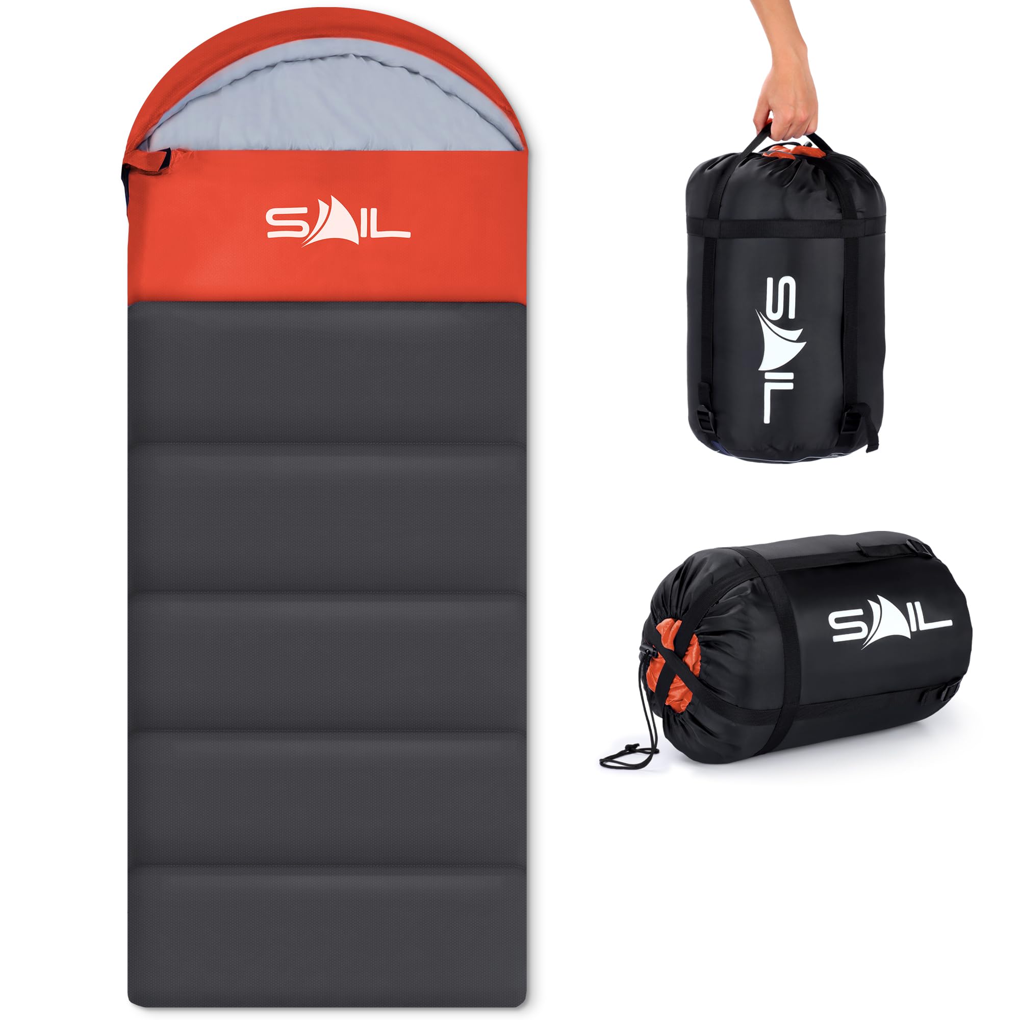 SAIL 3 Season Sleeping Bag for Kids & Adults - Extra Wide, 250GSM Lightweight & Waterproof - Large XL Sleeping Bag for Camping, Indoor & Outdoor, Hiking & Backpacking - Orange