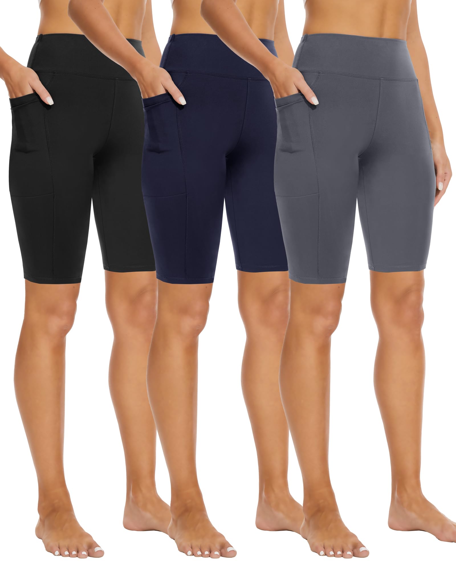 Photo 1 of 3 Pack Biker Shorts with Pockets for Women – 8"/5" High Waisted Tummy Control Workout Spandex Shorts for Gym Yoga