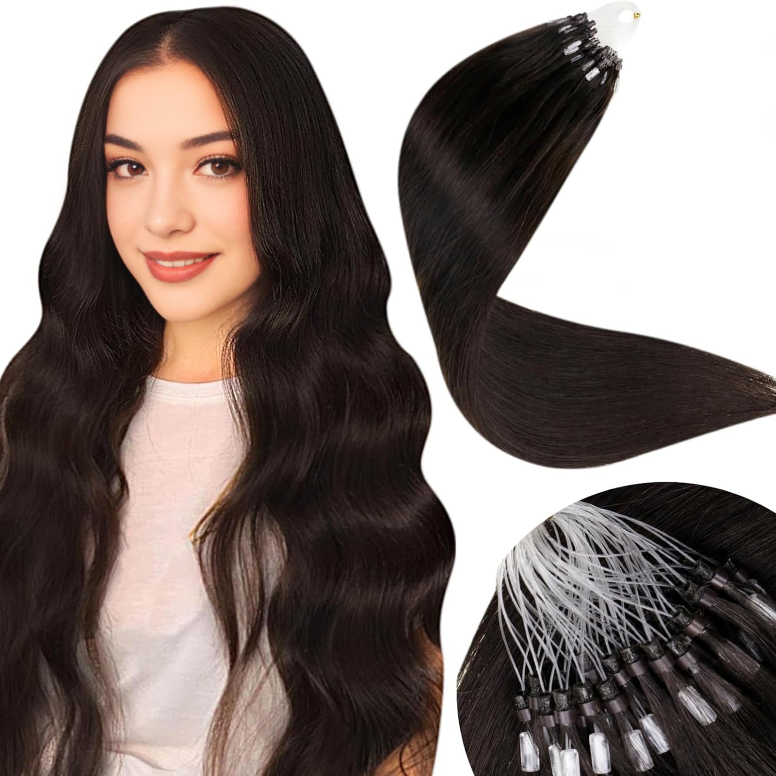 LaaVoo Micro Beads Hair Extensions Real Human Brown Remy Straight Darkest Brown Invisible Micro Loop Hair Extensions 50g 50s 14 Inch #2 — image 1