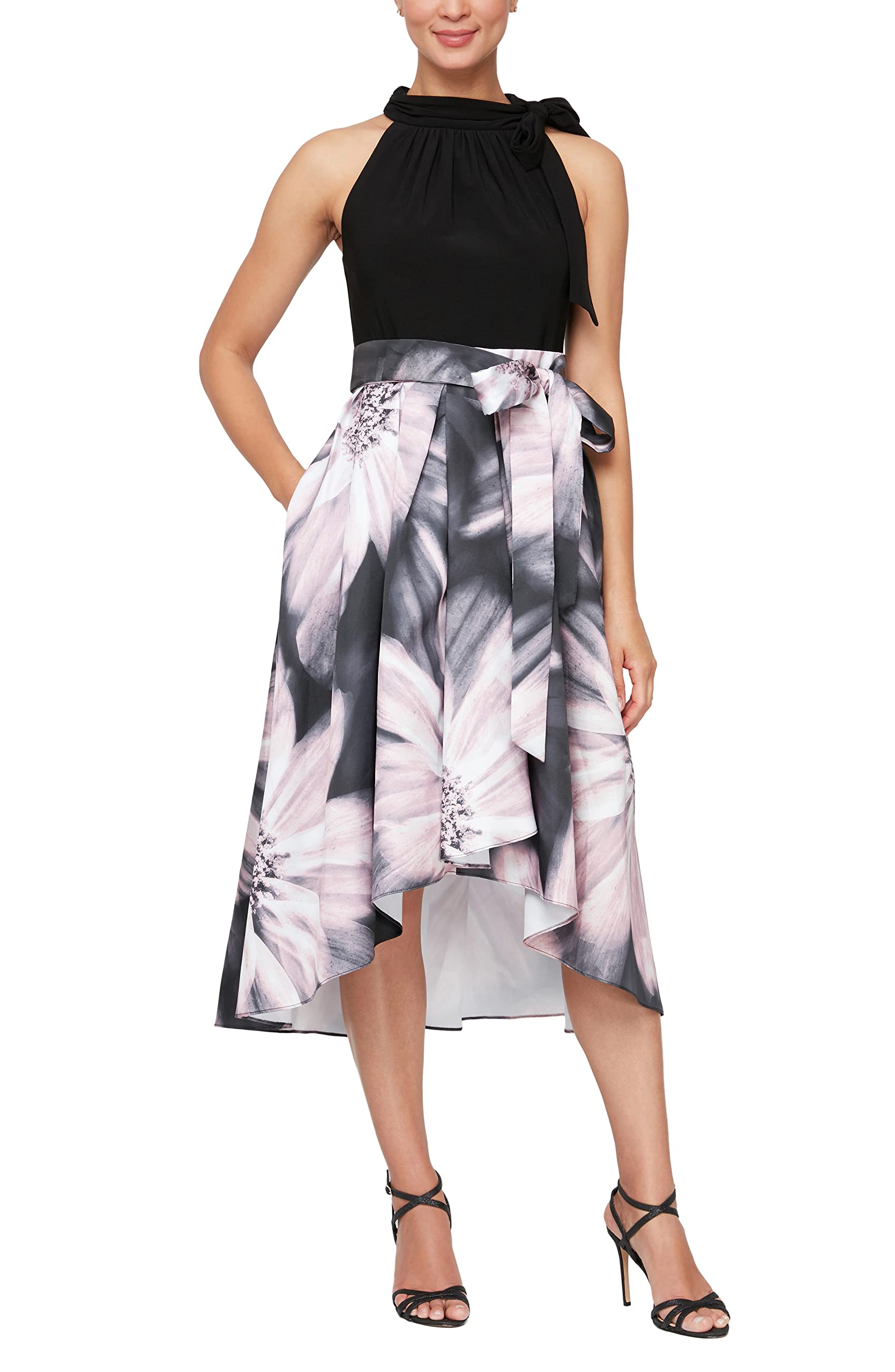 S.L. Fashions Women’s Floral High-Low Gown with Pockets and Stretch Bodice, Wedding Guest Dress (Petite and Regular Sizes), Black Blush Floral, 10