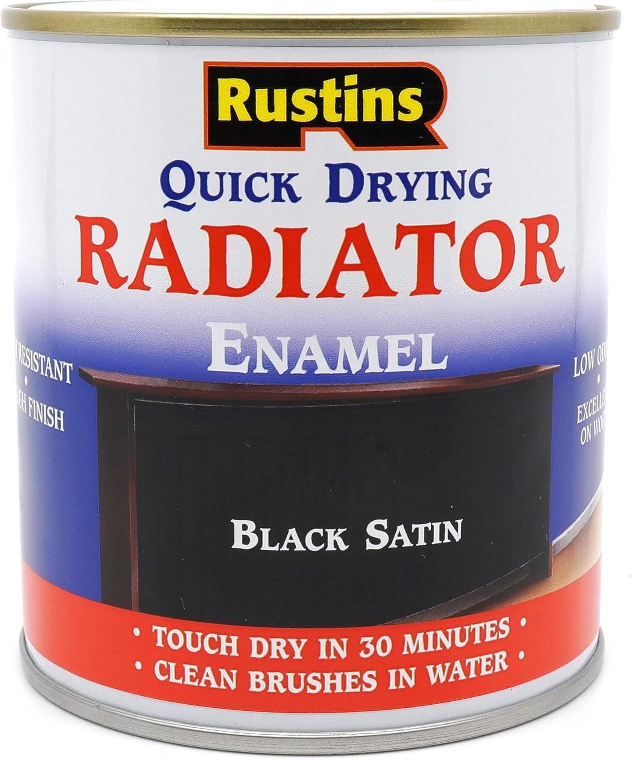 RUSTINS Quick Drying Radiator Enamel Satin - Black 250ml – Durable, Long-Lasting Finish for Radiators That Stands the Test of Time