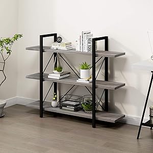 YITAHOME 3 Shelf Bookcase, Classically Rustic Gray Bookshelf, Book Rack, Storage Rack Shelves in Living Room/Home/Office, Books Holder Organizer for Books/Movies, Grey Oak