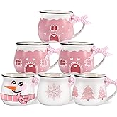 Jinei Set of 6 Christmas Coffee Mugs Gift, 12 oz Hot Cocoa Ceramic Cup for Holiday Milk Tea Mugs Coffee Bar Decoration Christmas Gift for Mom Woman Family Friend(Pink,Snow House)
